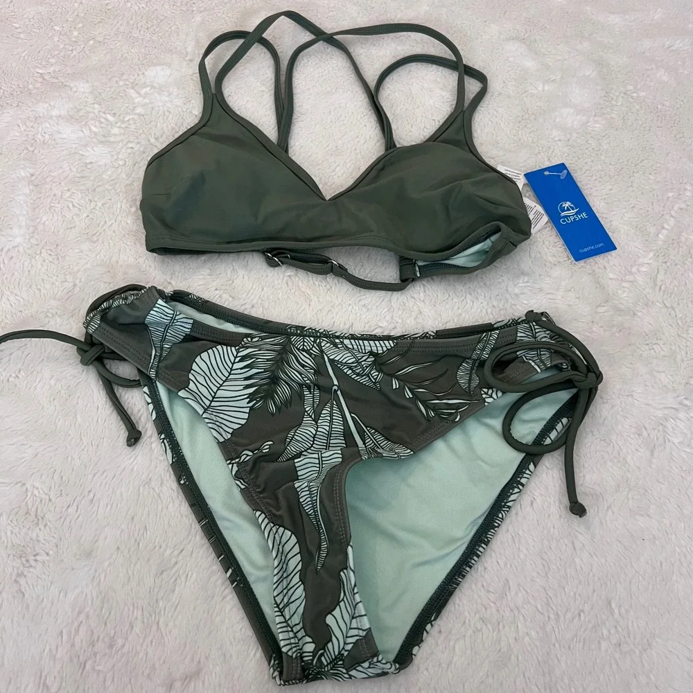 Cupshe Womens Olive Green Tropical‎ Palm Leaf Bikini Set Size XS DAA12C3G001PP